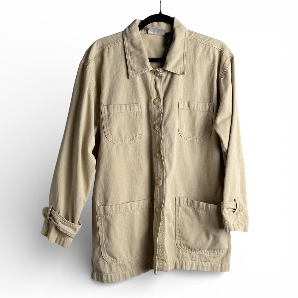 Vintage Khaki Long Sleeve Button-Up Jacket with Pockets